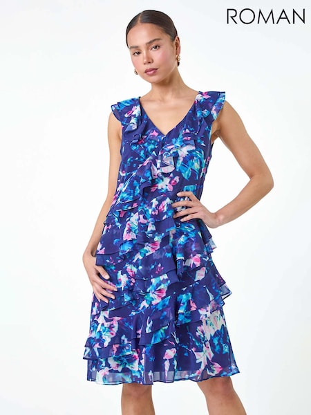 Roman Black Abstract Print Ruffle Shift Dress (E47016) | 384 QAR