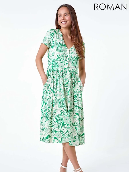 Roman Green Tropical Button Pocket Midi Dress (E47019) | $83
