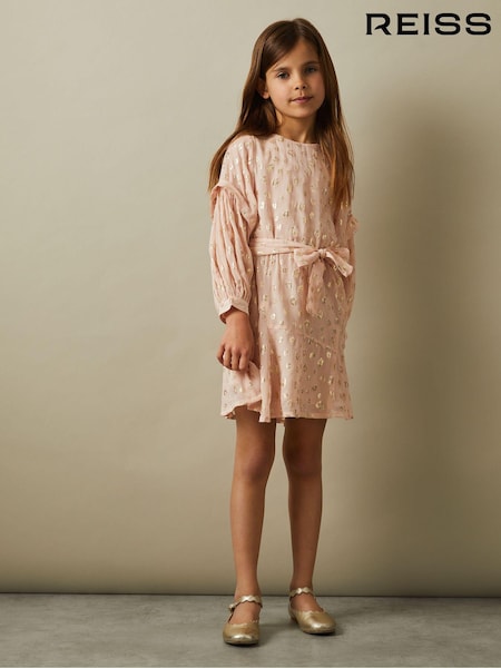 Reiss Pink Allie 4-9 yrs Metallic Jacquard Print Puff Sleeve Dress (E47061) | 500 QAR