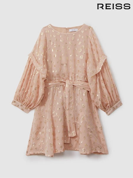 Reiss Pink Allie 13-14 yrs Metallic Jacquard Print Puff Sleeve Dress (E47066) | 573 QAR