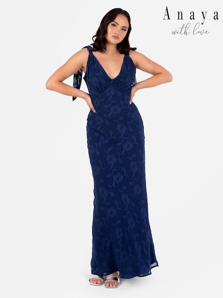 Anaya With Love Blue Jacquard Tie Shoulder Maxi Dress (E47067) | €47
