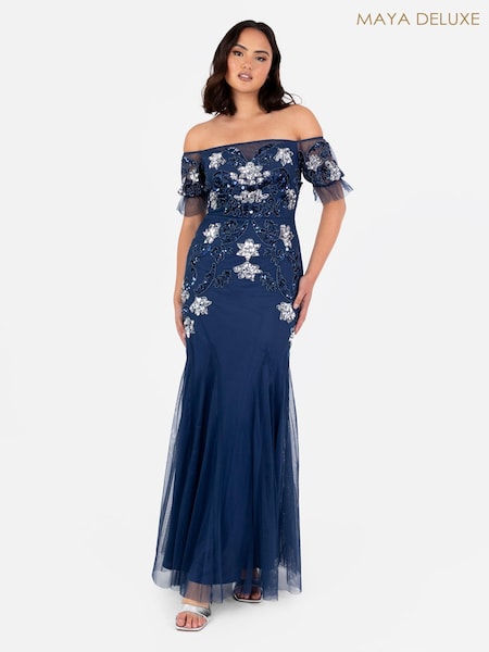 Maya Floral Embellished Bardot Puff Sleeve Maxi Dress (E47069) | 101 €