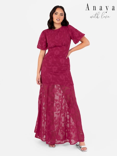 Anaya With Love Pink Jacquard Puff Sleeve Cut Out Back Maxi Dress (E47070) | €50