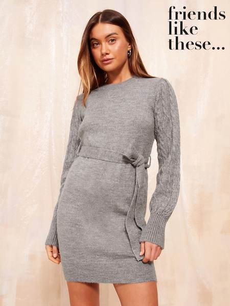 Friends Like These Grey Tie Waist Cable Sleeve Mini Dress (E47242) | AED131