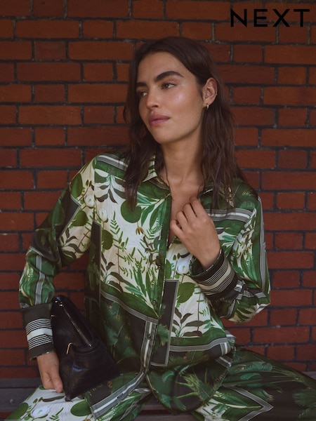 Kew Collection Black/Green Palm Print Satin Long Sleeve Shirt (E47305) | AED100