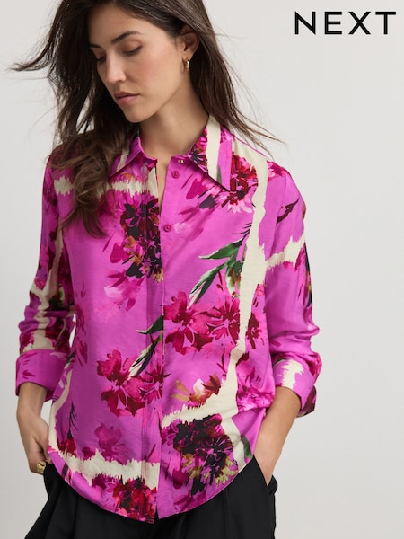 Pink Floral Print Long Sleeve Button Down Shirt (E47309) | €29