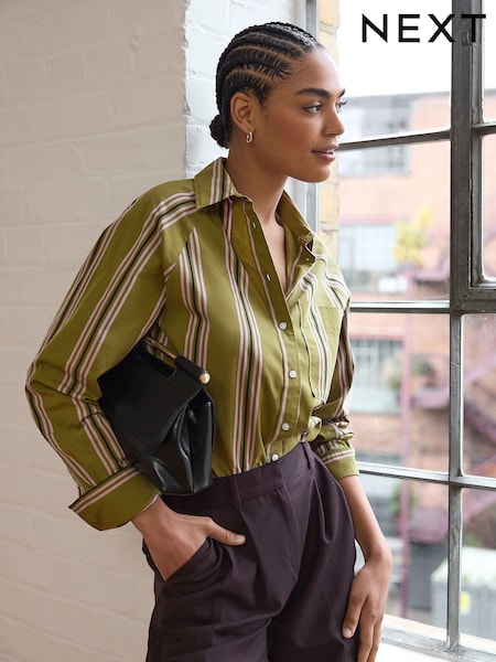 Olive Green Stripe Girlfriend Oversized Long Sleeve Shirt (E47326) | €23