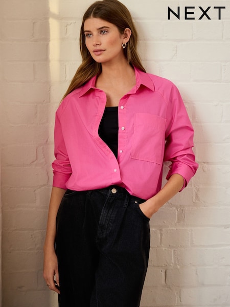 Fuchsia Pink Girlfriend Oversized Long Sleeve Shirt (E47328) | €27