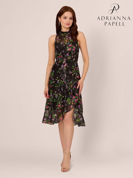 Adrianna Papell Printed Halter Midi Black Dress (E47349) | 640 LEI