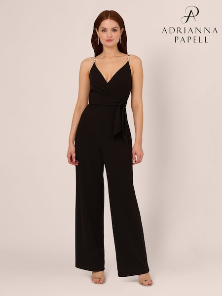 Adrianna Papell Surplice Tie Front Black Jumpsuit (E47350) | 443 QAR