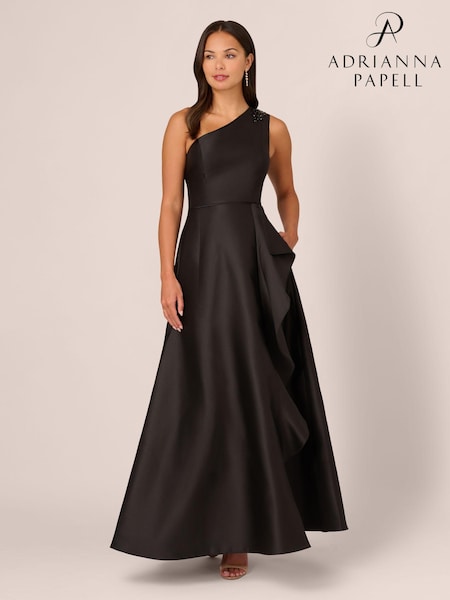 Adrianna Papell Studio One Shoulder Mikado Black Gown (E47351) | $313