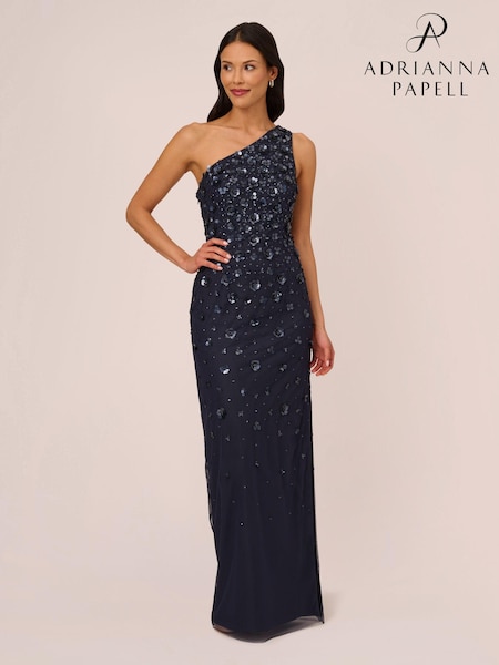 Adrianna Papell Blue One Shoulder Bead Long Dress (E47355) | 1,082 LEI