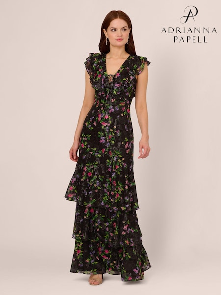 Adrianna Papell Flutter Tiered Chiffon Black Gown (E47368) | €198