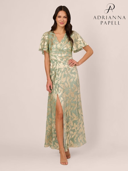Adrianna Papell Green Foil Leaf Draped Gown (E47369) | €148