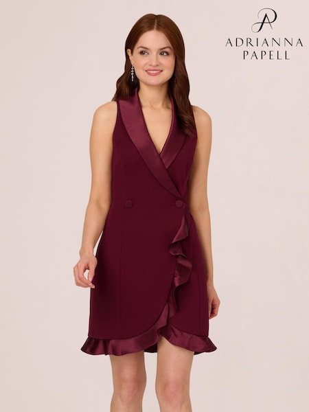Adrianna Papell Burgundy Red Halter Tuxedo Crepe Dress (E47370) | AED492