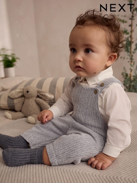 Grey/White Baby Woven 100% Cotton Dungaree and Bodysuit Set (0mths-3yrs) (E47398) | 99 QAR - 109 QAR