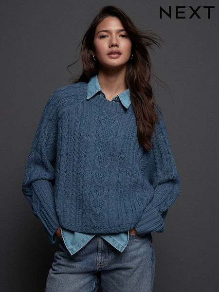 Blue Chambray Denim Shirt Layer Cable Knitted Jumper (E47622) | €28