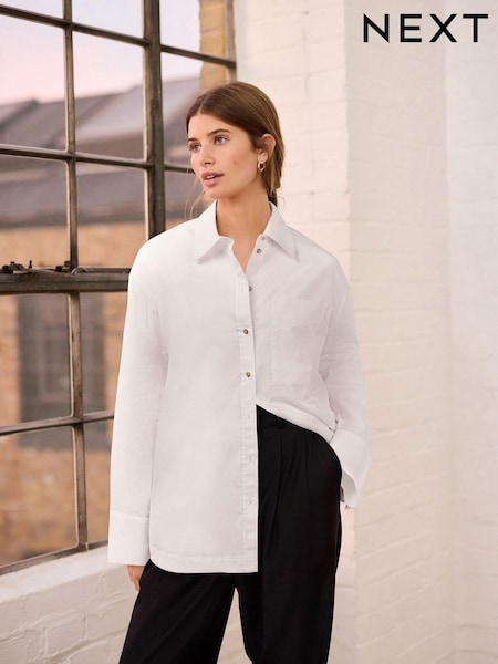White Relaxed Boyfriend Fit 100% Cotton Button Down Shirt (E47626) | kr408