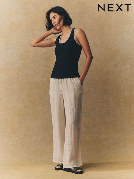 Schwarz/Weiß - Contast Knit Trim Scoop Neck Sleeveless Tank Vest Top (E47687) | 21 €