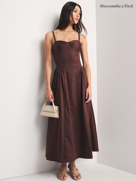 Brown - Abercrombie & Fitch Cotton Sateen Corset Maxi Dress