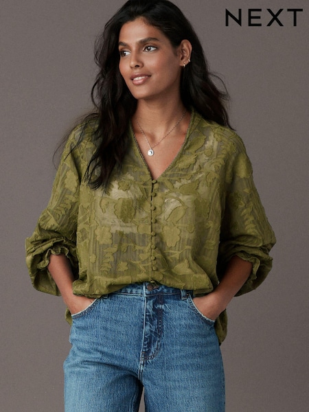 Olive Green Jacquard Boho Long Sleeve Tie Neck Blouse (E47817) | 1,413 UAH