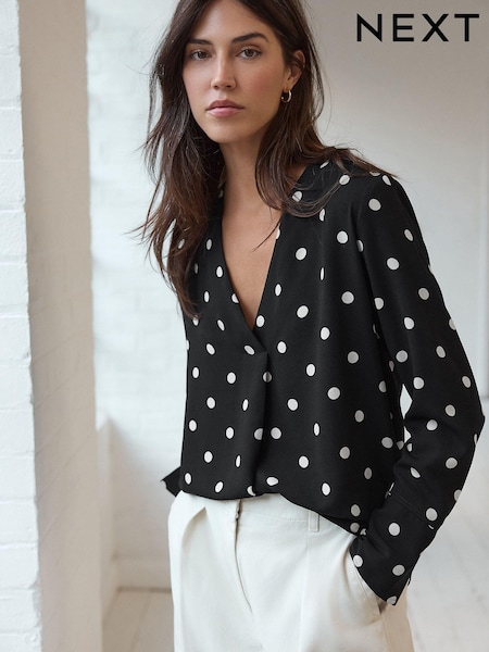 Білий в чорний горошок - Relaxed Fit Long Sleeve Overhead V-neck Blouse (E47818) | 919 грн