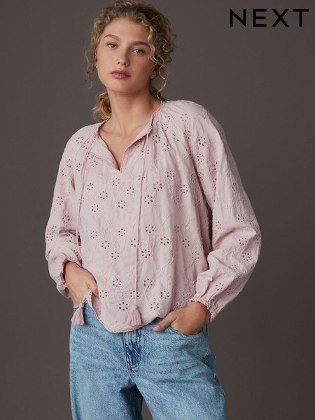 Rose Pink Textured Floral Cornelli Embroidered Long Sleeve 100% Cotton Boho Blouse (E47824) | 1,484 UAH