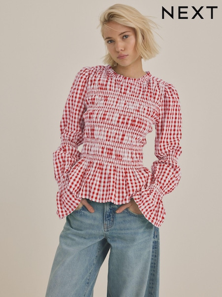 ורוד - Smock Detail Gingham Long Sleeve 100% Cotton Blouse (E47827) | ‏100‏₪