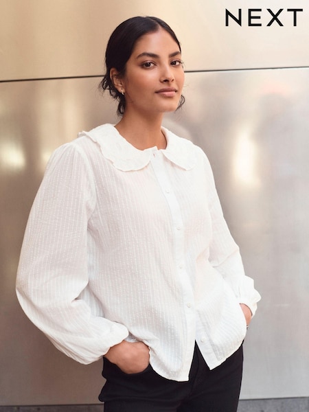 Кремово-бежевий - Long Sleeve Peter Pan Collar 100% Cotton Blouse (E47829) | 1 272 грн