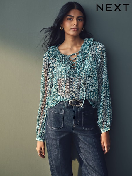 Teal Blue Print Sheer Ruffle Trim Tie Neck Blouse (E47831) | AED92