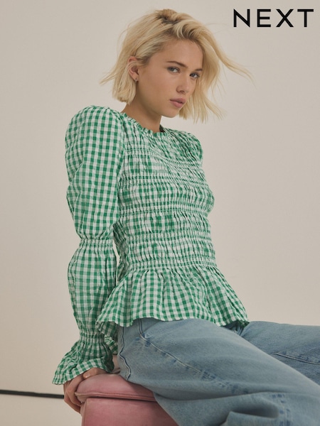 ירוק - Smock Detail Gingham Long Sleeve 100% Cotton Blouse (E47837) | ‏100‏₪