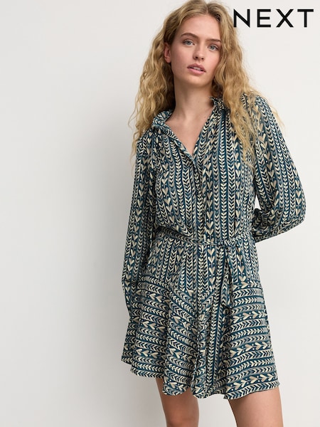 Blue/Cream Heart Print Boho Tie Waist Long Sleeve Mini Shirt Dress (E47859) | €36