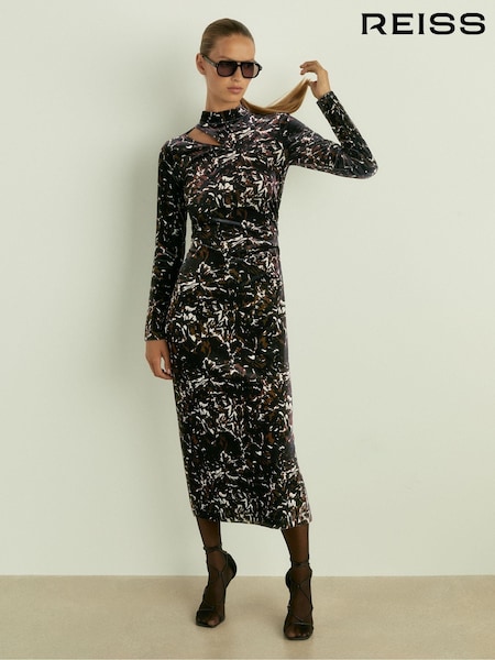 Reiss Black Sonya Cut Out Abstract Print Velvet Dress (E47888) | 1,235 QAR