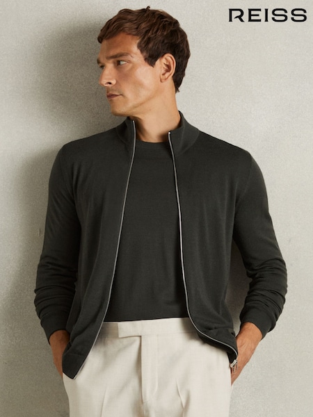 Reiss Dark Military Green Hampshire Merino Wool Zip-Through Funnel-Neck Cardigan (E47897) | €67