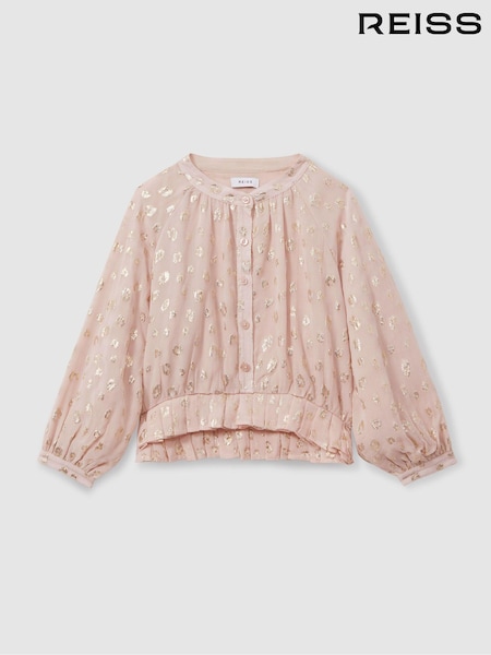 Reiss Pink Ellen 13-14 yrs Metallic Print Puff Sleeve Ruffle Top (E47899) | AED360