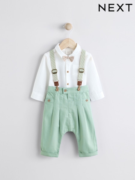 Sage Green Baby 100% Cotton Shirt Trousers and Braces Set 4 Piece (0mths-2yrs) (E47903) | AED122 - AED132