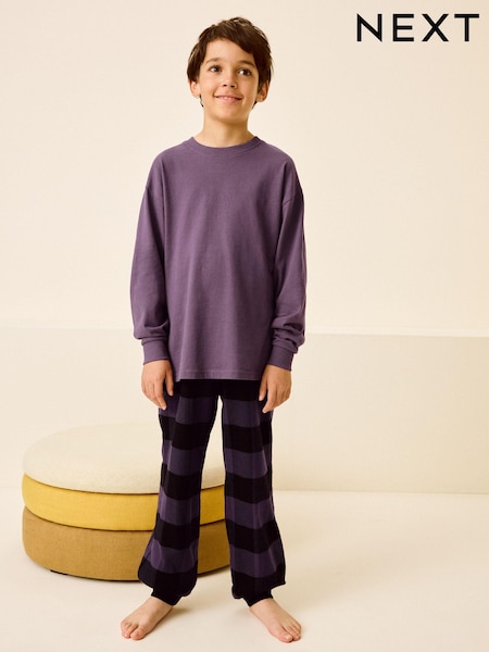 أرجواني مربعات - 100% Cotton Single Long Sleeve Long Leg Woven Pyjamas (4-16yrs) (E47914) | ‏51 ر.ق. - ‏69 ر.ق.