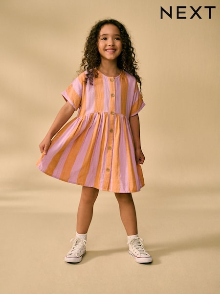 Orange/Pink Stripe Button Dress (3-16yrs) (E47981) | €17 - €24