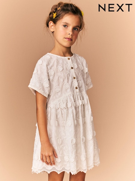 Cream Flower Embroidered Dress (3-16yrs) (E47984) | 208 QAR - 238 QAR