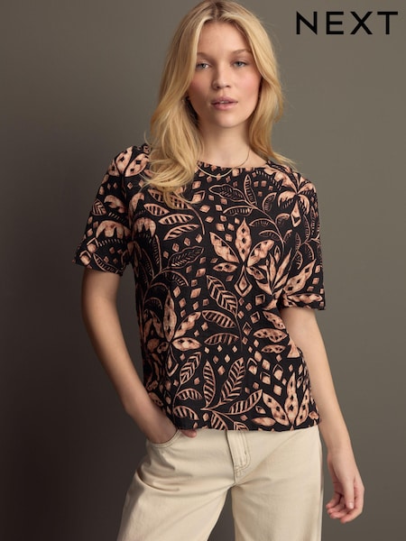 Schwarz Palm Print - Strukturiertes, kastiges Top (E48192) | 33 €