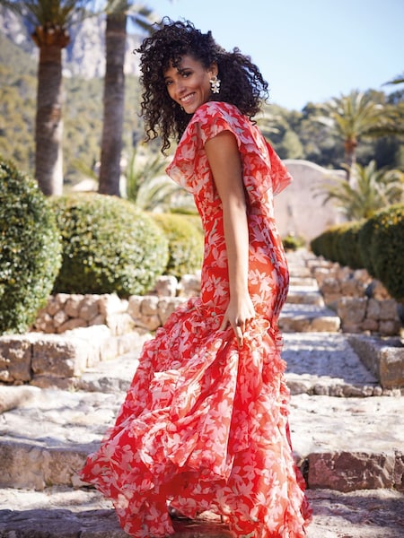Phase Eight Orange Gaby Floral Print Ruffle Maxi Dress (E48259) | AED958