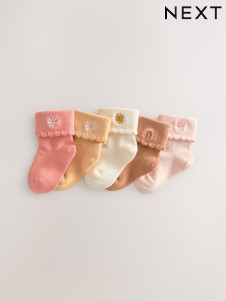 Tan Brown Embroidered Baby Roll Top Socks 5 Pack (0mths-2yrs) (E48282) | €11