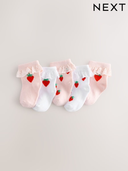 White/Pink Strawberry 5 Pack Strawbery Lace Baby Socks (0mths-2yrs) (E48283) | €11.50