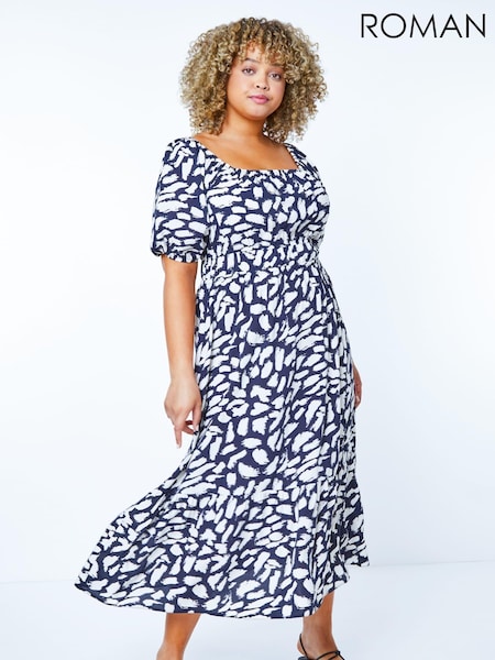 Roman Blue Stretch Waist Midi Dress (E48366) | AED174