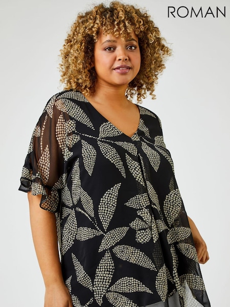 Roman Black Abstract Leaf Print Chiffon Overlay Top (E48405) | AED127