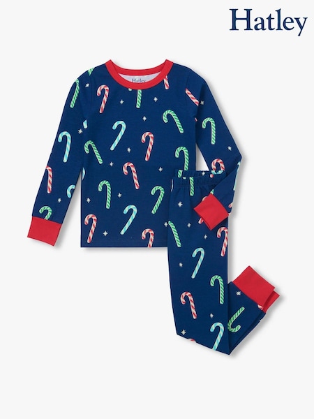 Blue - Hatley Blue Candy Canes Glow In The Dark Stretch Jersey Pyjamas Set