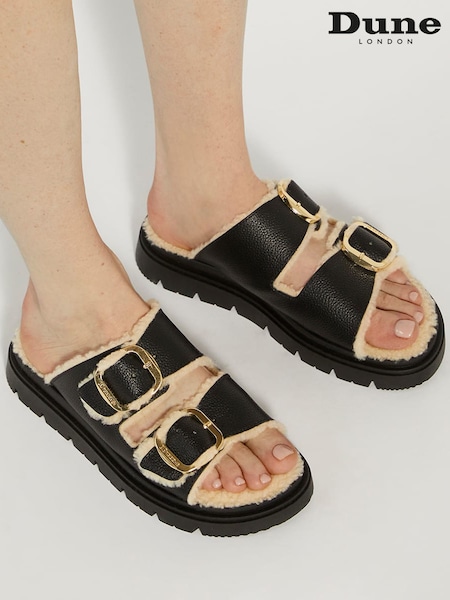 Dune London Black Lodge Faux Shearling Flat Sandals (E48514) | €126