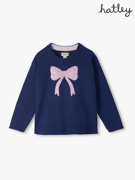 Blue - Hatley Pink Bow Sequin Crew Neck Jumper