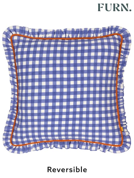 Furn Blue 100% Cotton Maude Gingham Reversible Piped Cushion (E48667) | 119 QAR