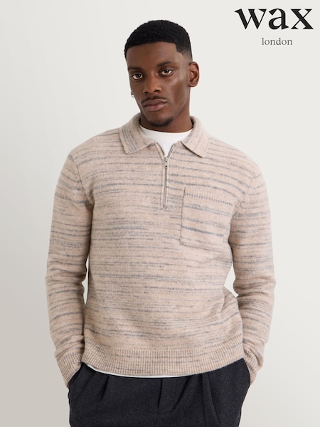 Natural - Regular Wax London Alpha Zip Long Sleeve Space Dye Polo Shirt
